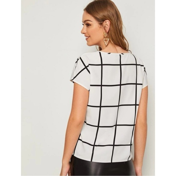 Plaid Grid Print V-Neck Top Blouse - Picture 3 of 6